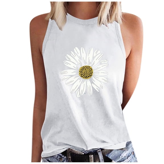 WREESH Women's Floral Graphic Tank Top Crew Neck Sleeveless Summer Fashion Casual T-Shirts White