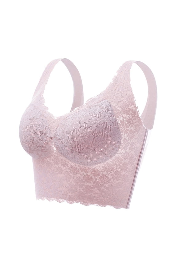 Women's Floral Lace Bras Posture Correction Bra Padded Back Smoothing Bras Camisole Top Comfortable Breathable Wireless Bralettes Push-Up Bra Pink