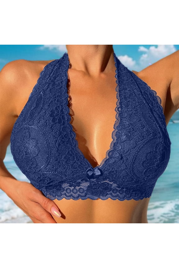Women's Floral Lace Halter Bralette Top Hook and Eye Closure Back Unpadded Wirefree Lace Bra Plunge Bra Underwear Blue
