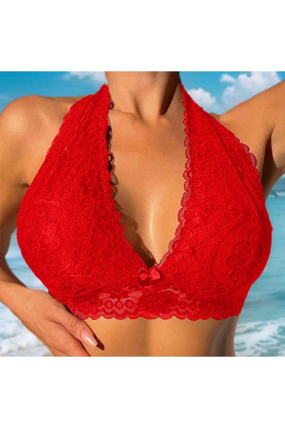 Women's Floral Lace Halter Bralette Top Hook and Eye Closure Back Unpadded Wirefree Lace Bra Plunge Bra Underwear Red