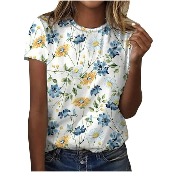 WREESH Women's Floral Print Crew Neck T-Shirt Casual Summer Short Sleeve Top Light Blue