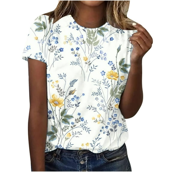 WREESH Women's Floral Print Crew Neck T-Shirt Casual Summer Short Sleeve Top White