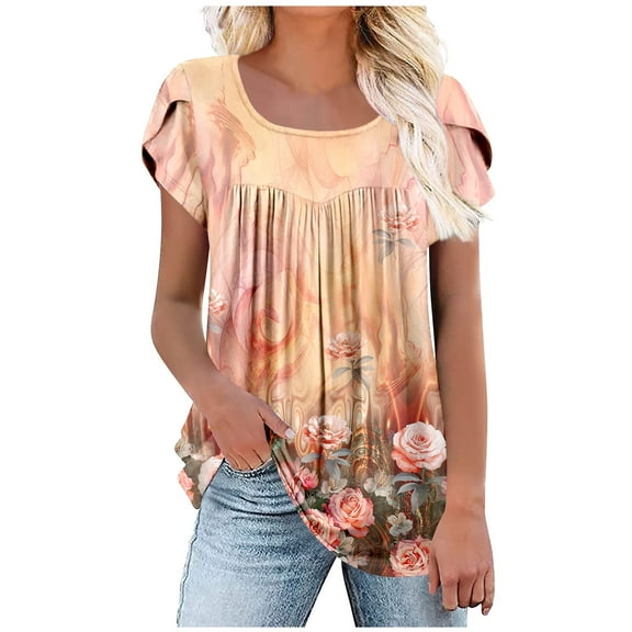 WREESH Women's Floral Print Tunic Tops Casual Square Neck Pleated Short Sleeve Summer Blouses Orange