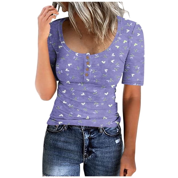 WREESH Women's Floral Ribbed Knit Short Sleeve Henley Crop Top Classic Button T-Shirt with Slim and Stylish V-Neck Purple