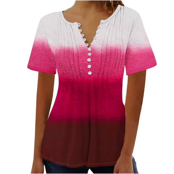 WREESH Women's Gradient Henley Shirt Printed V-Neck Button Short Sleeve Top with a Trendy Gradient Design for Daily Wear Pink
