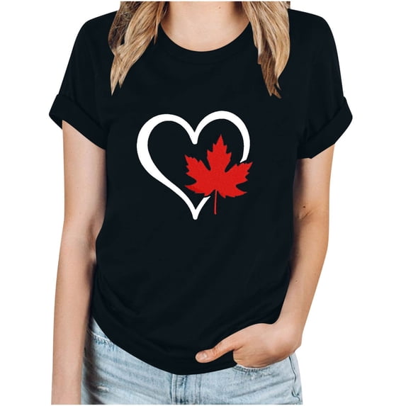 WREESH Women's Graphic Canada Day Tee Short Sleeve Round Neck Blouse with Maple Leaf Print Black