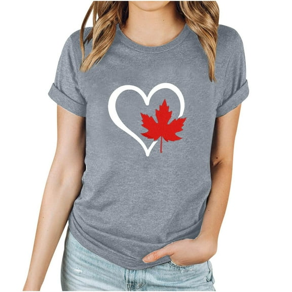 WREESH Women's Graphic Canada Day Tee Short Sleeve Round Neck Blouse with Maple Leaf Print Gray