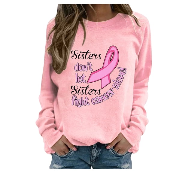 WREESH Women's Graphic Letter Pink Ribbon Sweatshirt Long Sleeve Breast Cancer Awareness Top Pink