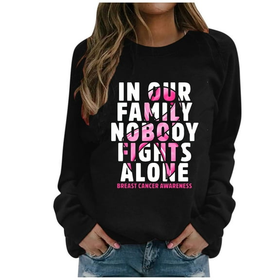 WREESH Women's Graphic Long Sleeve Sweatshirt Pink Ribbon Letter Shirts Breast Cancer Awareness Top Black