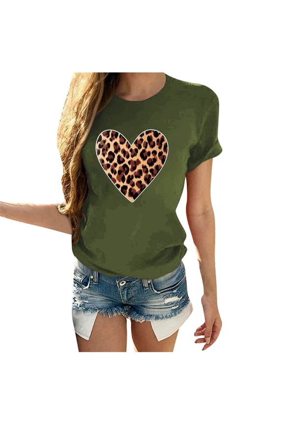 Women's Graphic T Shirts Valentine's Day Leopard Heart Printed Tees for 2025 Casual Short Sleeve Tee Tops Olive Green