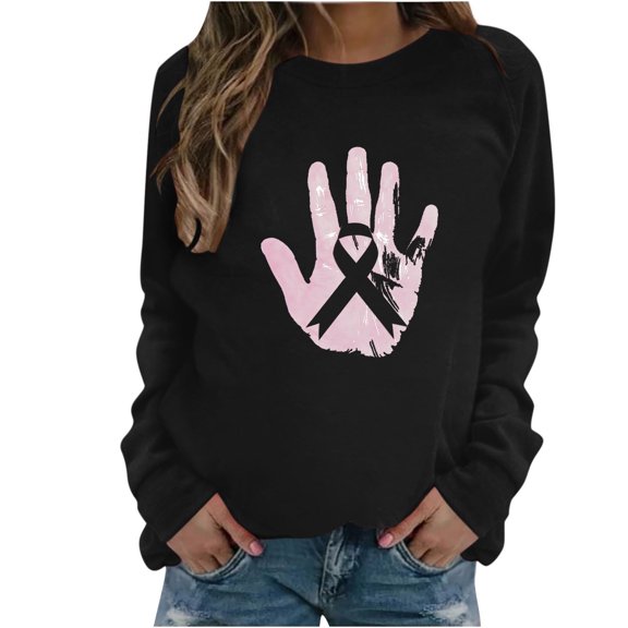 WREESH Women's Hand Pink Ribbon Graphic Sweatshirt - Lightweight Breast Cancer Awareness Long Sleeve Top Black