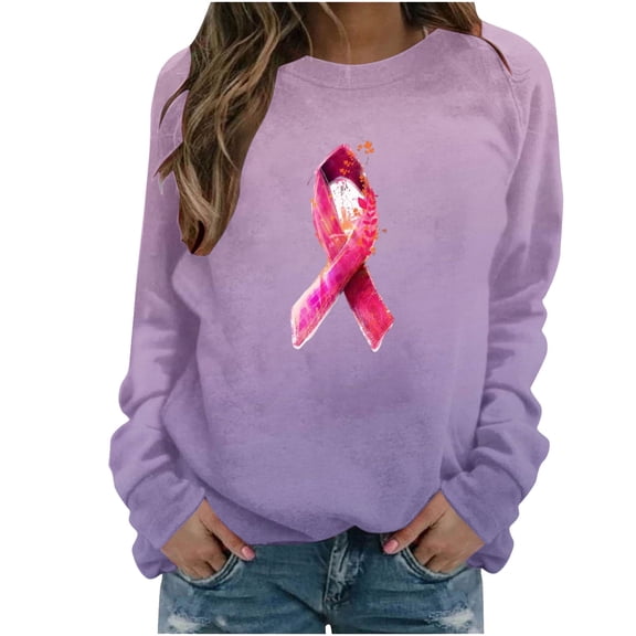 WREESH Women's Hand Pink Ribbon Long Sleeve Sweatshirt Casual Loose Fit Cancer Awareness Top Purple