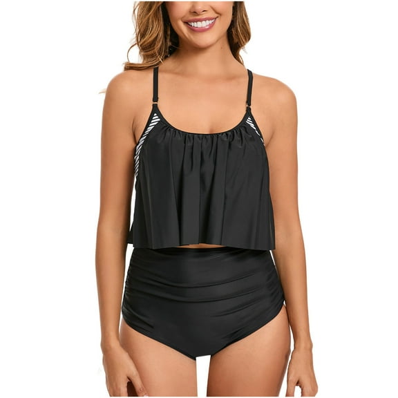 WREESH Women's Ruffled Tankini Swimsuits 2025 - High Waisted Tummy Control Swim Top & Bottom Set Summer Modest Swimwear Black