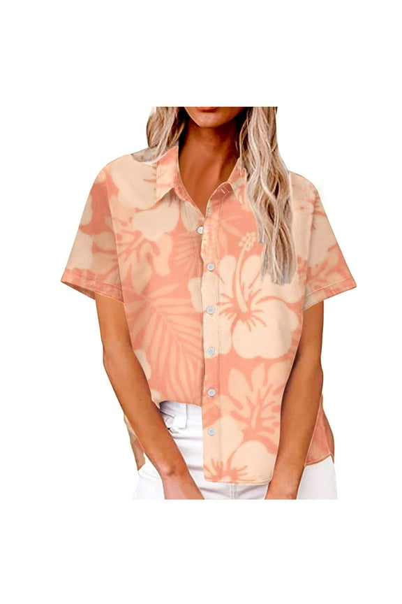 Women's Hawaiian Shirts Button Down Shirts Aloha Style Short Sleeve Casual Print Top Orange