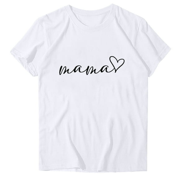 WREESH Women's Heart Mama Round-Neck T-Shirt Casual Summer Printed Blouse White
