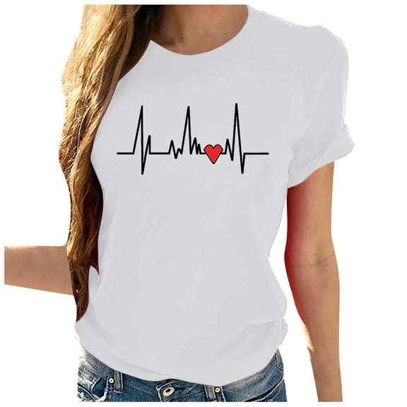 WREESH Women's Heartbeat Graphic T-Shirt Cute Love Heart Print Casual Short Sleeve Crew Neck Top White