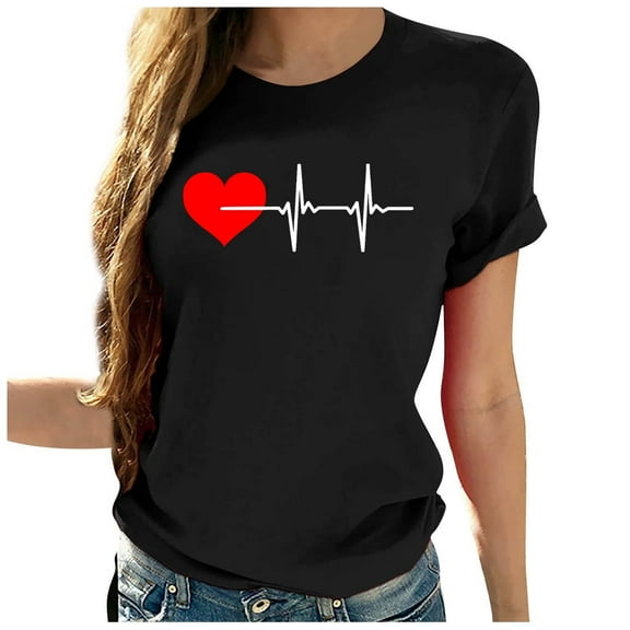 WREESH Women's Heartbeat Graphic T-Shirts Cute Love Heart Print Short Sleeve Crew Neck Tops Black