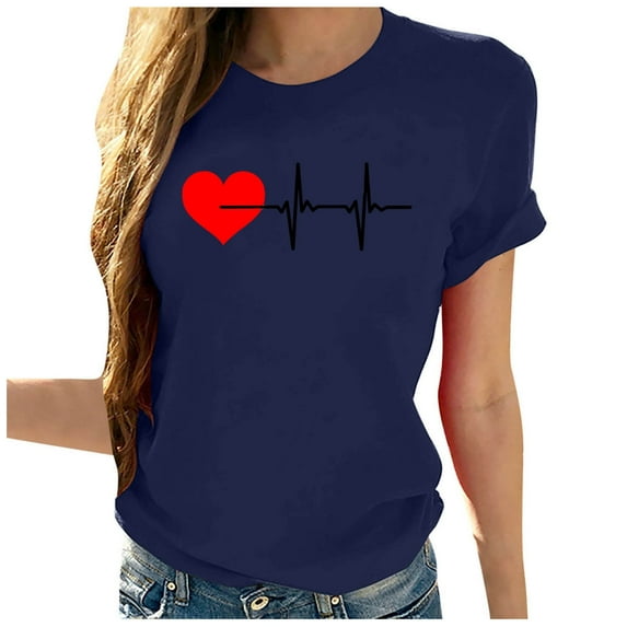 WREESH Women's Heartbeat Graphic T-Shirts Cute Love Heart Print Short Sleeve Crew Neck Tops Navy