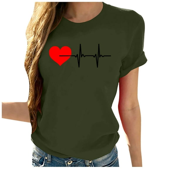 WREESH Women's Heartbeat Graphic T-Shirts Cute Love Heart Print Short Sleeve Crew Neck Tops Olive Green