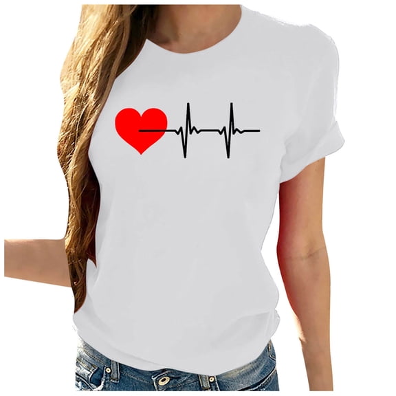 WREESH Women's Heartbeat Graphic T-Shirts Cute Love Heart Print Short Sleeve Crew Neck Tops White