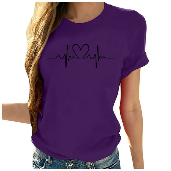 WREESH Women's Heartbeat T-Shirts Fashionable Love Heart Graphic Short Sleeve Crew Neck Tops Purple
