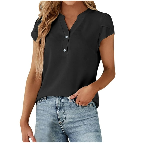 WREESH Women's Henley Shirt Casual Tops with Solid Blouses and Button Short Sleeve V-Neck T-Shirt in Solid Color Black