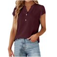 thumbnail image 1 of WREESH Women's Henley Shirt Casual Tops with Solid Blouses and Button Short Sleeve V-Neck T-Shirt in Solid Color Wine, 1 of 6