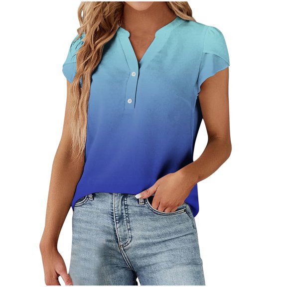 WREESH Women's Henley Shirt Fashion Casual Gradient Tops with Gradient Print Blouses Button Shirts for Short Sleeve V-Neck T-Shirts Blue