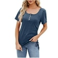 thumbnail image 1 of WREESH Women's Henley Shirt Fashion Scoop Neck Short Sleeve Solid Color Out Blouse Blue, 1 of 7