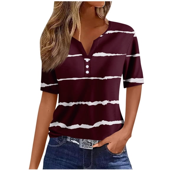 WREESH Women's Henley Shirt Striped Fashion Printed Short Sleeve Blouse Casual Tops with a Loose Fit for Women Wine