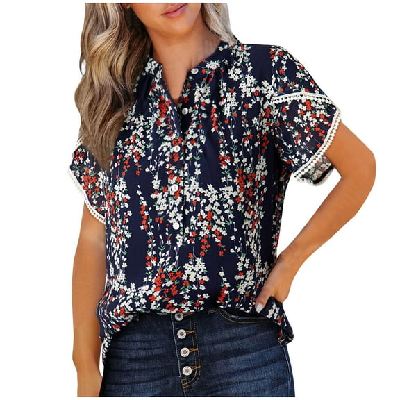WREESH Women's Henley Shirt Summer Casual Blouse with Floral Print Short Sleeve Half Button V-Neck Shirt for Women Dark Blue