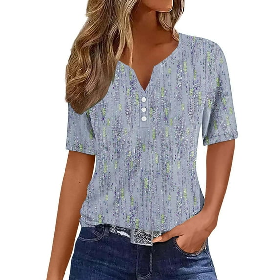 WREESH Women's Henley Shirts Soft Cotton for Summer, Short Sleeve Casual Tops with Graphic Prints, Loose Fit V-Neck Button T-Shirt Blue