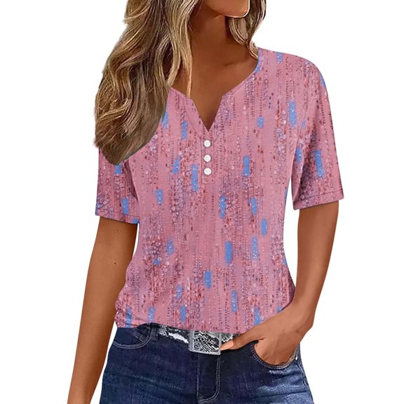 WREESH Women's Henley Shirts Soft Cotton for Summer, Short Sleeve Casual Tops with Graphic Prints, Loose Fit V-Neck Button T-Shirt Pink