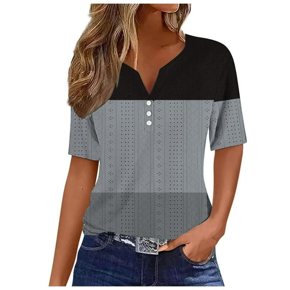 WREESH Women's Henley Shirts with Color Block V-Neck T-Shirt Top Short Sleeve, Button Detail, Stylish Blouse Gray