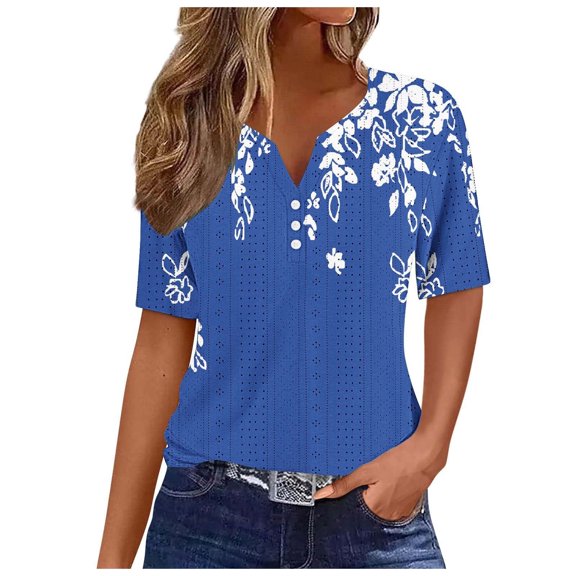 WREESH Women's Henley Style V-Neck T-Shirt with Short Sleeve and Graphic Prints Trendy Button Detail Top Blue