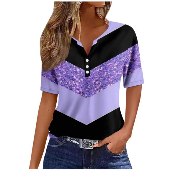 WREESH Women's Henley Tops Short Sleeve V-Neck Blouses with Unique Graphic Prints Loose and Comfortable Casual Wear Purple