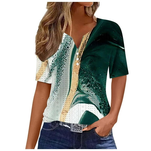 WREESH Women's Henley V-Neck T-Shirt Short Sleeve Graphic Print Top with Button Detail for Casual Style Olive Green