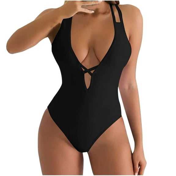 WREESH Women's Fashion V-Neck One Piece Swimsuit Tummy Control - Crisscross Backless Monokini High Cut Swimwear Summer Beachwear 2025 Black