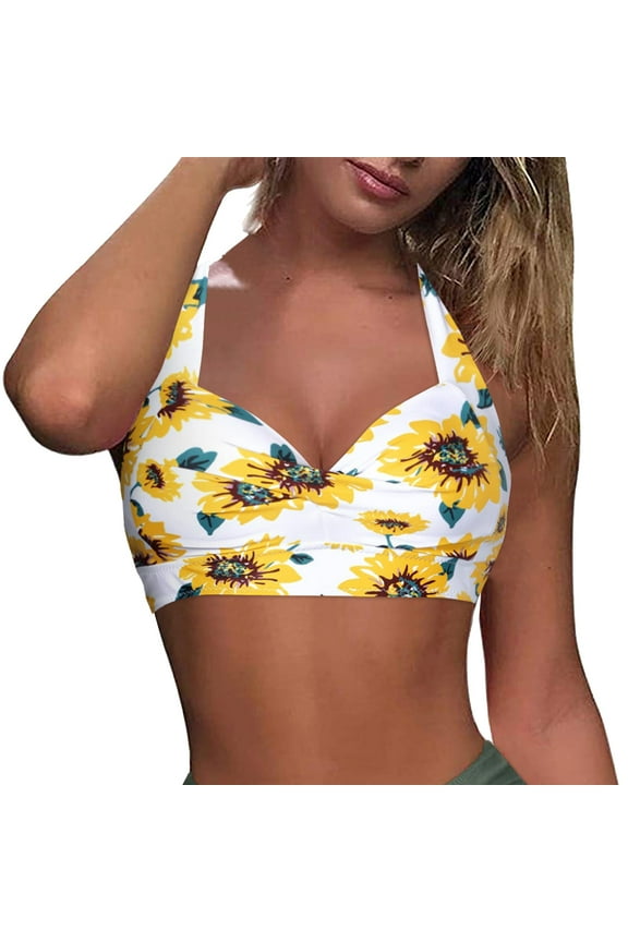 Women's Leopard Push Up Bikini Top, Padded Halter Swimsuit Top , Retro Full Coverage Swim Bra Quick-Dry Bathing Suit Yellow