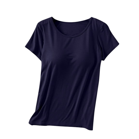WREESH Women's Lightweight T-Shirt with Built-In Bra Scoop Neck Cap Sleeve Yoga Wear Navy