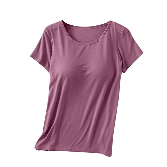 WREESH Women's Lightweight T-Shirt with Built-In Bra Scoop Neck Cap Sleeve Yoga Wear Purple