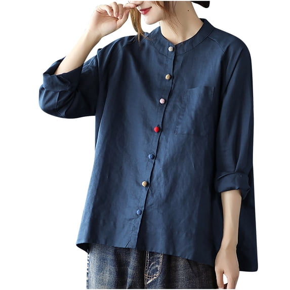WREESH Women's Linen Button Down Shirts Solid Color Cotton and Linen Long Sleeve Shirt with Pockets for a Classic Suit Top Navy