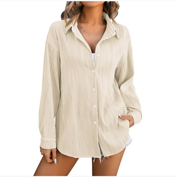 WREESH Women's Long Sleeve Button Down Shirts Solid Color Shirt with Button Pocket Top Jacket for Women's Fashion Beige