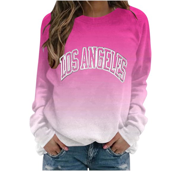WREESH Women's Long Sleeve Letter Graphic Sweatshirt Fall Casual Crewneck Loose Fit Top Pink