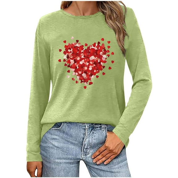 WREESH Women's Long Sleeve Shirt Valentine's Heart Graphic Shirts Casual Spring Blouses for 2025 Green