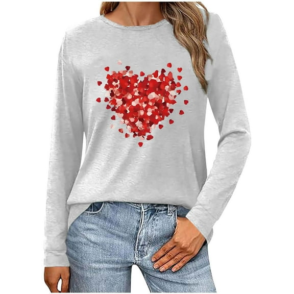WREESH Women's Long Sleeve Shirt Valentine's Heart Graphic Shirts Casual Spring Blouses for 2025 White