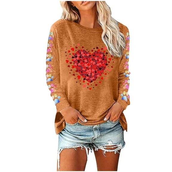 WREESH Women's Long Sleeve Shirts Valentine's Day Printed Blouses Loose Crew Neck Pullover Tunic Tops for 2025 Spring Orange