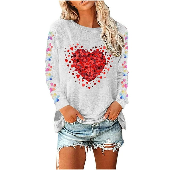 WREESH Women's Long Sleeve Shirts Valentine's Day Printed Blouses Loose Crew Neck Pullover Tunic Tops for 2025 Spring White