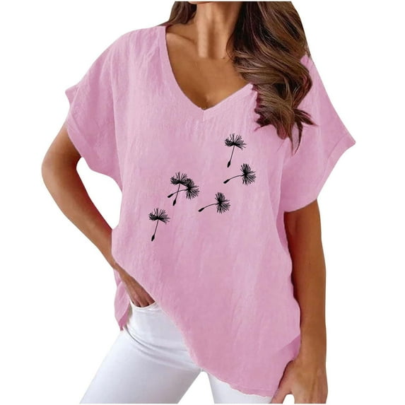 WREESH Women's Loose Batwing Sleeve T-Shirt Cotton Linen V-Neck Top with Graphic Design Pink