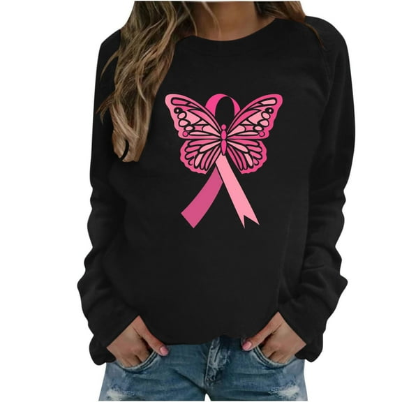 WREESH Women's Loose Fit Breast Cancer Awareness Sweatshirt Casual Crewneck Print Shirts Long Sleeve Tops Black